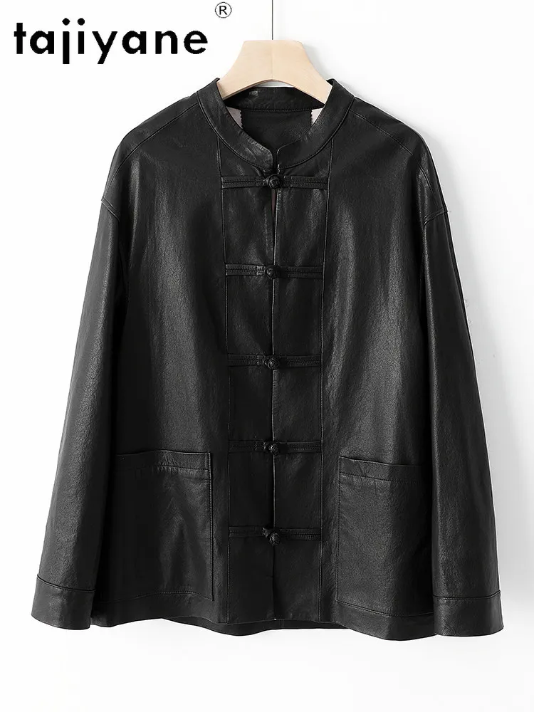 Jaquetas de Pele de Ovelha TAJIYANE, Casaco Estiloso com Botão em Nó, Jaqueta de Couro Genuíno para Mulheres, Roupas Femininas Outono 2025, дубленка женская