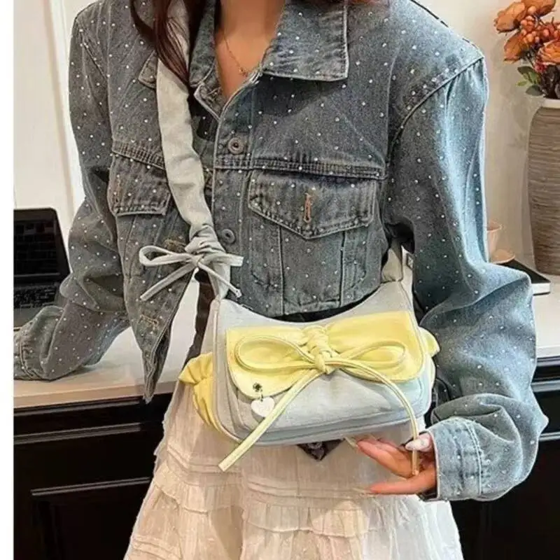 Bloom Sweet Cool Denim Shoulder Bags Women Haruku Bow Chic Cute Y2k Handbag Purse Ladies Casual Blue Underarm Bag Aesthetic
