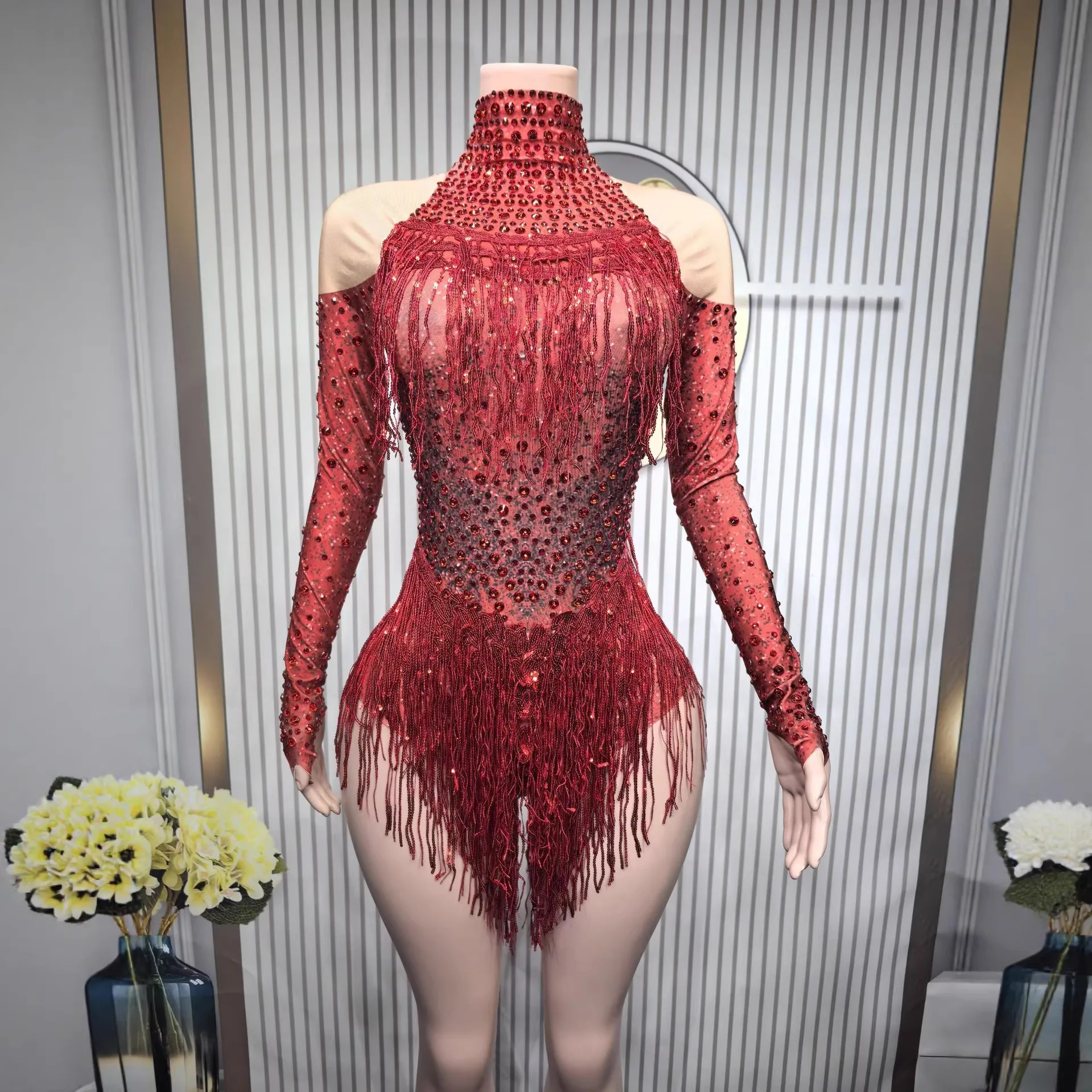 Vestido Brillante Plateado con Flecos, Manga Larga, Cintura Alta, para Baile Latino, Desfile de Talentos, Club Nocturno, Actuación Gogo
