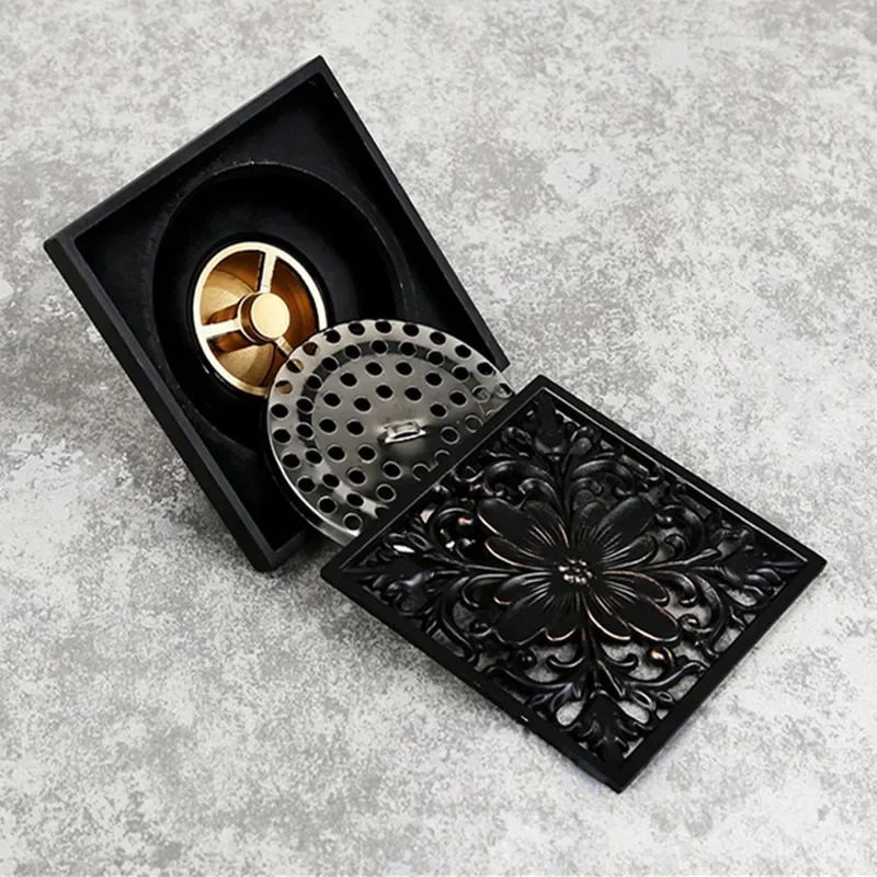 Shower Drains Square Bath Floor Drain Strainer Hair Catcher Brass Black Floor Shower Drain Waste Grate Drain Bathroom Accessorie