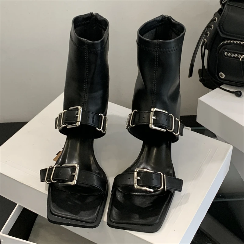 Aneikeh Design Style Fashion Square Toe Women Ankle Boots Sandals  Narrow Band Buckle Strap Zipper Thin Heels Shoes - view 4