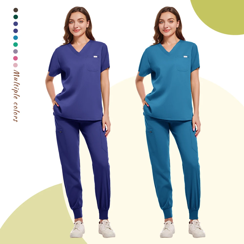 Thick matte set short-sleeved V-neck shirt + sports pants set care women's multi-color pet doctor surgery medical work clothes