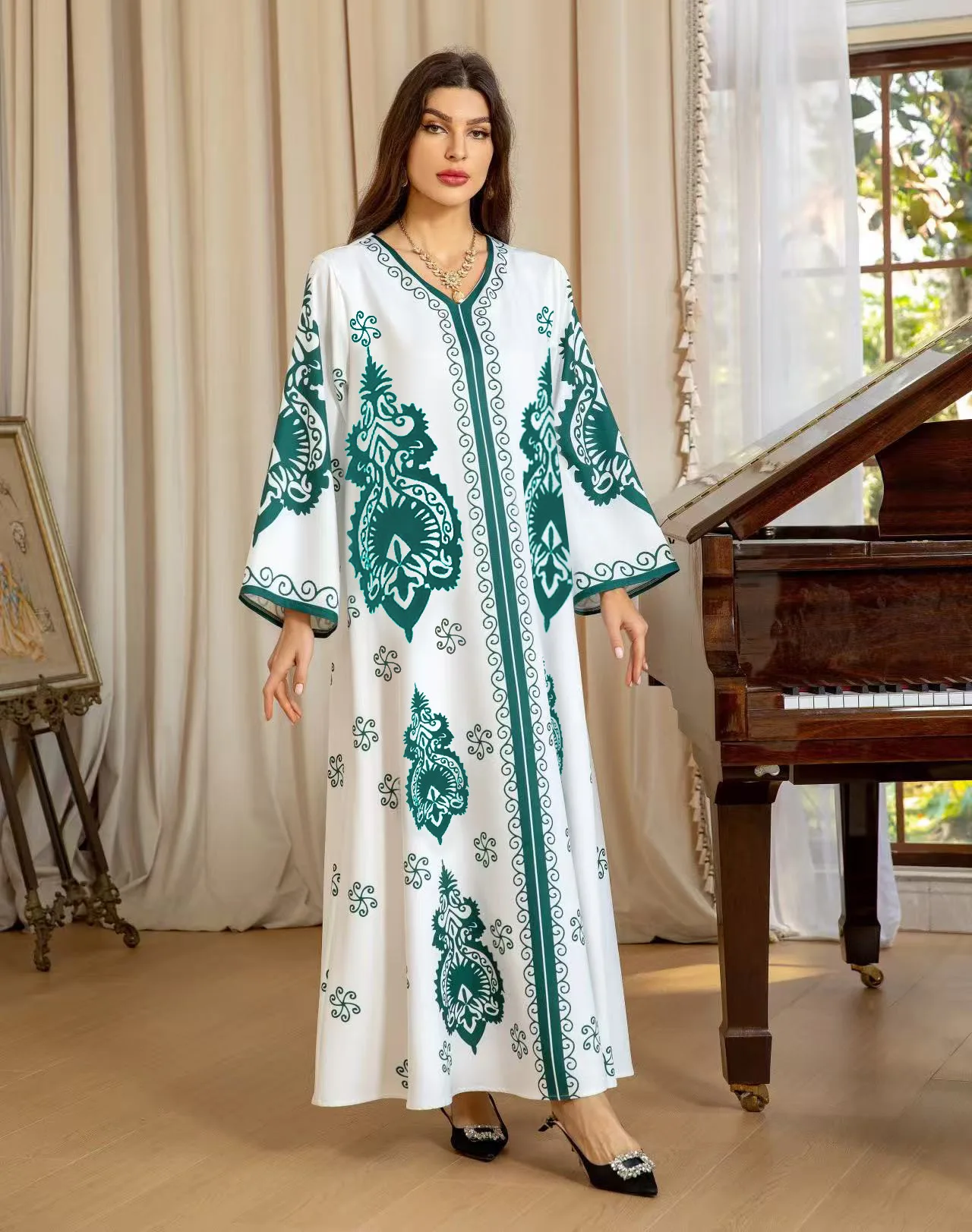 ชุดยาว Abayas ผู้หญิง Eid มุสลิมชุด Bronzing พิมพ์ V คอ Jalabiya อาหรับโมร็อกโกดูไบ Kaftan 2025 Vestidos Ramadan Robe
