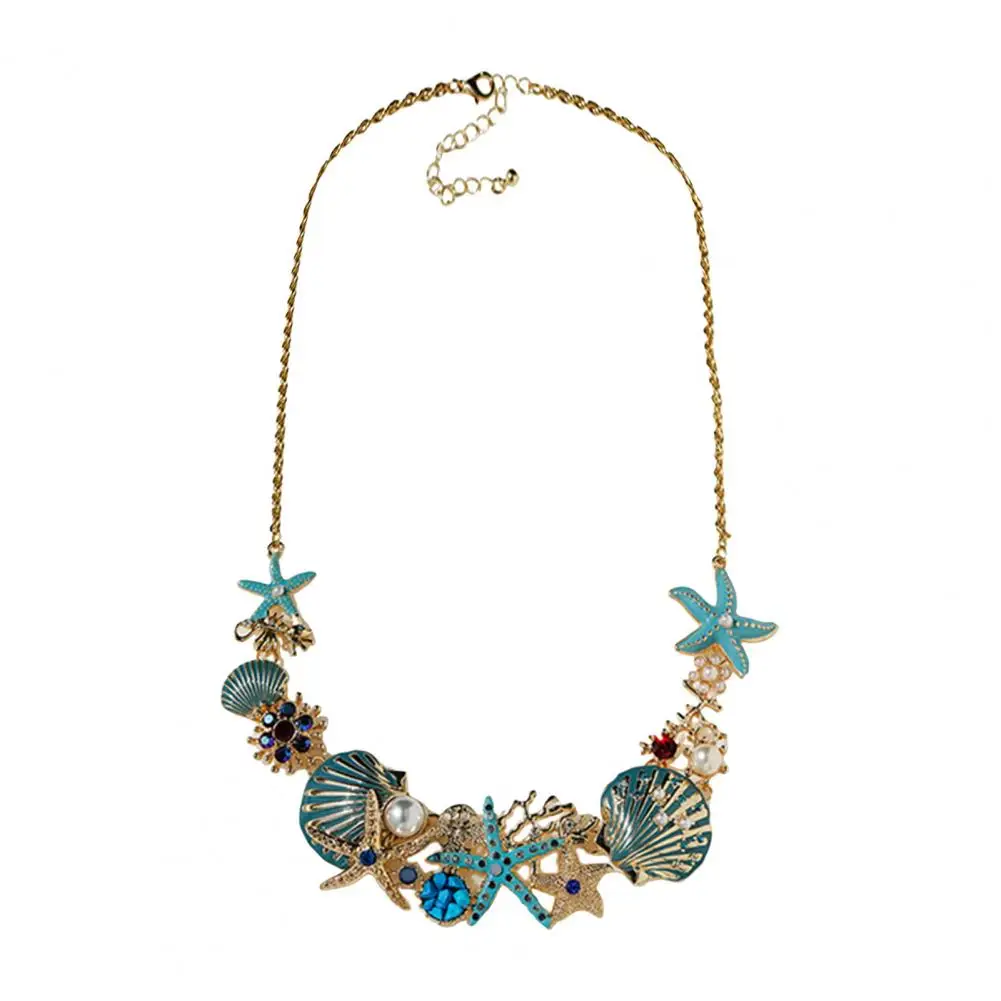 

Beach Style Shell Necklace Extravagant Ocean Theme Necklace with Starfish Coral Faux Pearl Accents Adjustable Length Lady for A