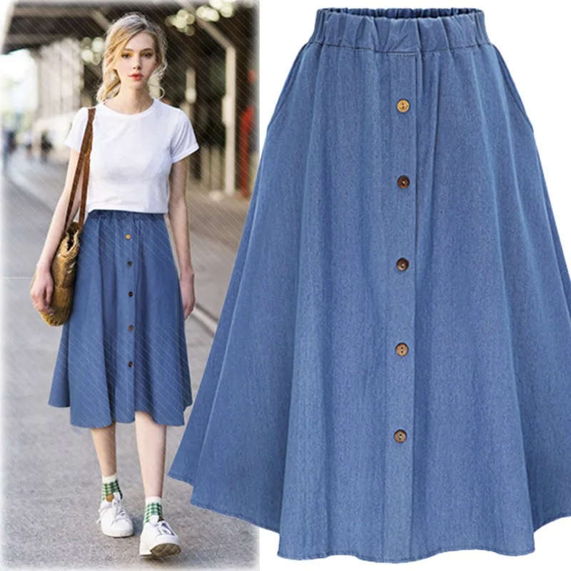 Women\'s High Waist Button Pleated Midi Skirt With Elastic Waist Midi Denim Skirt Button Front Loose Skirts