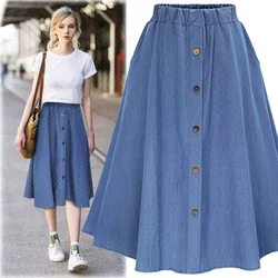 Women's High Waist Button Pleated Midi Skirt With Elastic Waist Midi Denim Skirt Button Front Loose Skirts