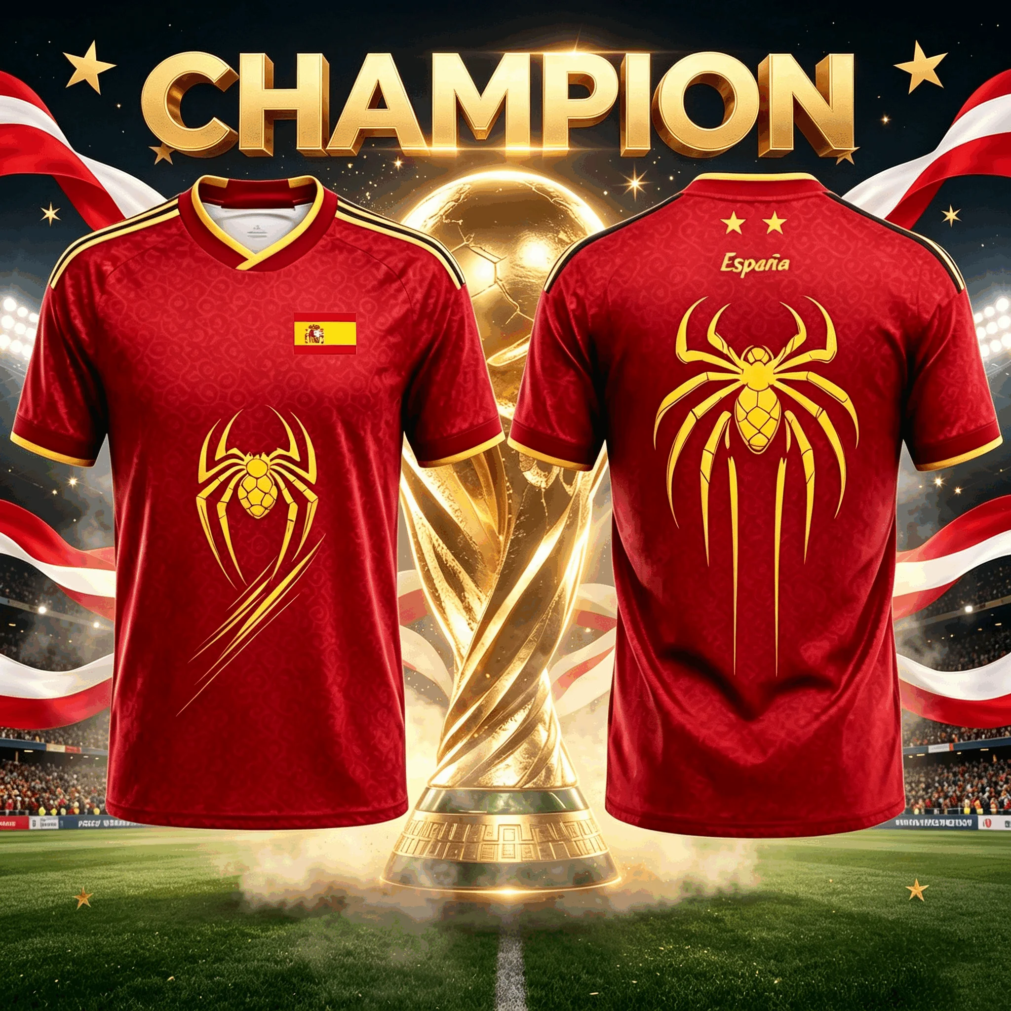 2026 Spain World‑Cup Champion Spider Graphic Soccer Jersey, Unisex Family Matching Outfits, Casual Sports Tee, Fan Souvenir Gift