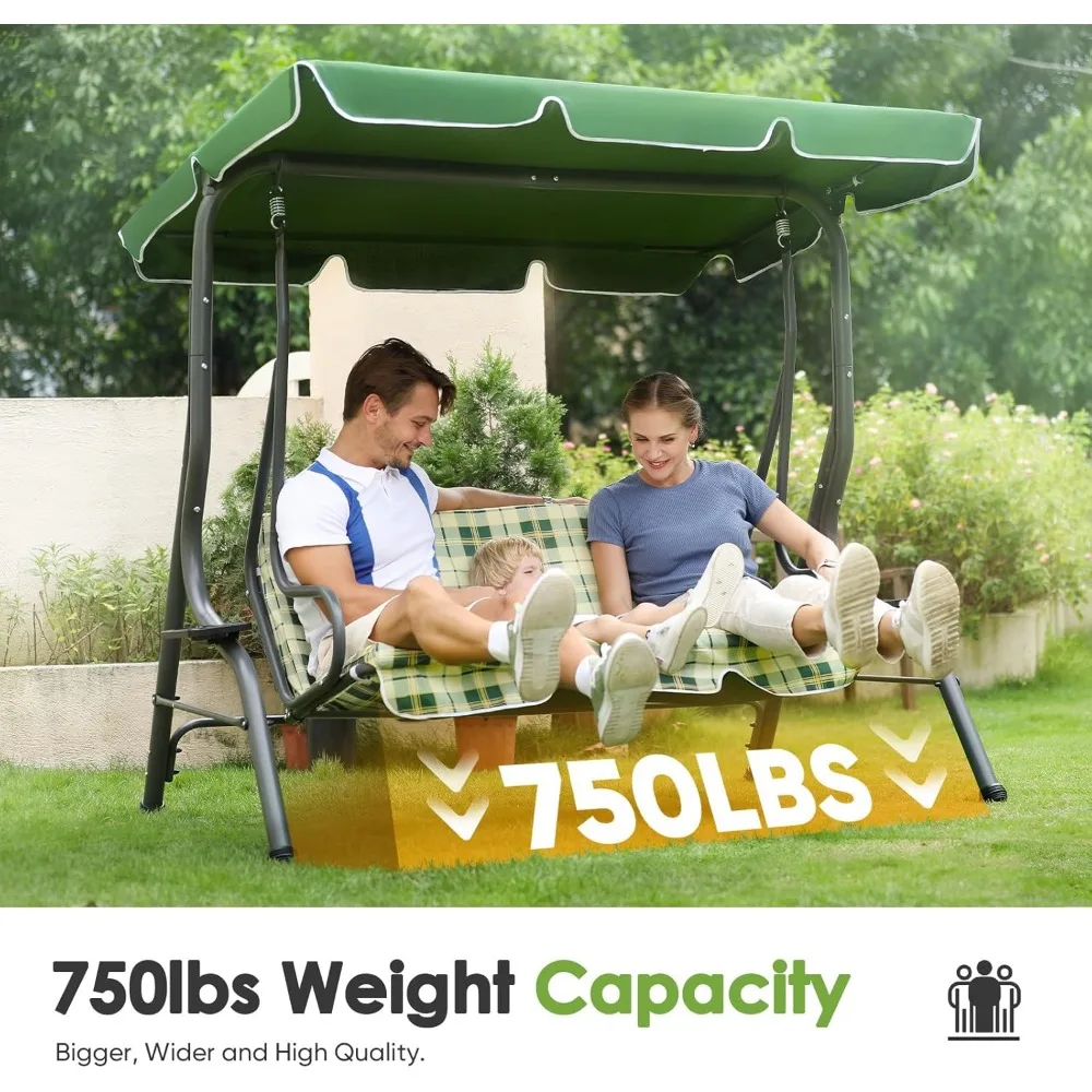 Upgraded Outdoor Patio Swing Chair W/Thickened 3-Person Armrest Seat-Supports 750LBS, Canopy Swing W/Adjustable Shading