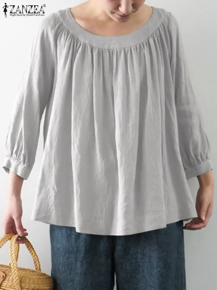 

Vintage Pleated Blouses ZANZEA Casual Loose Work Holiday Shirt Women O Neck 3/4 Sleeve Blusas Autumn Fashion Solid Tunic Tops