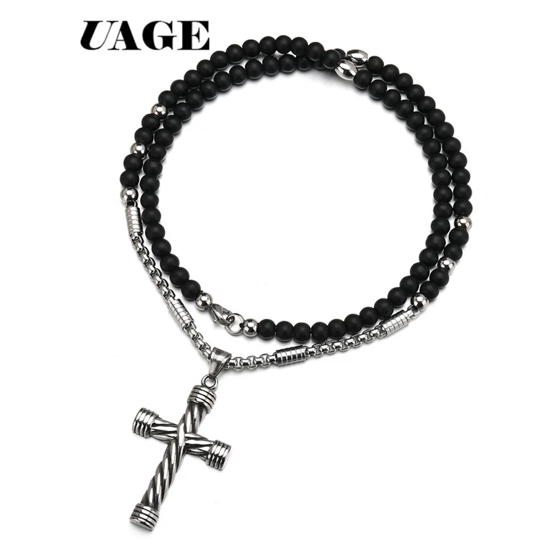 UAGE 2018 New Cross Pendant Necklace For Men Women 316L Stainless Steel Rosary Beads Necklace Religious Jewelry