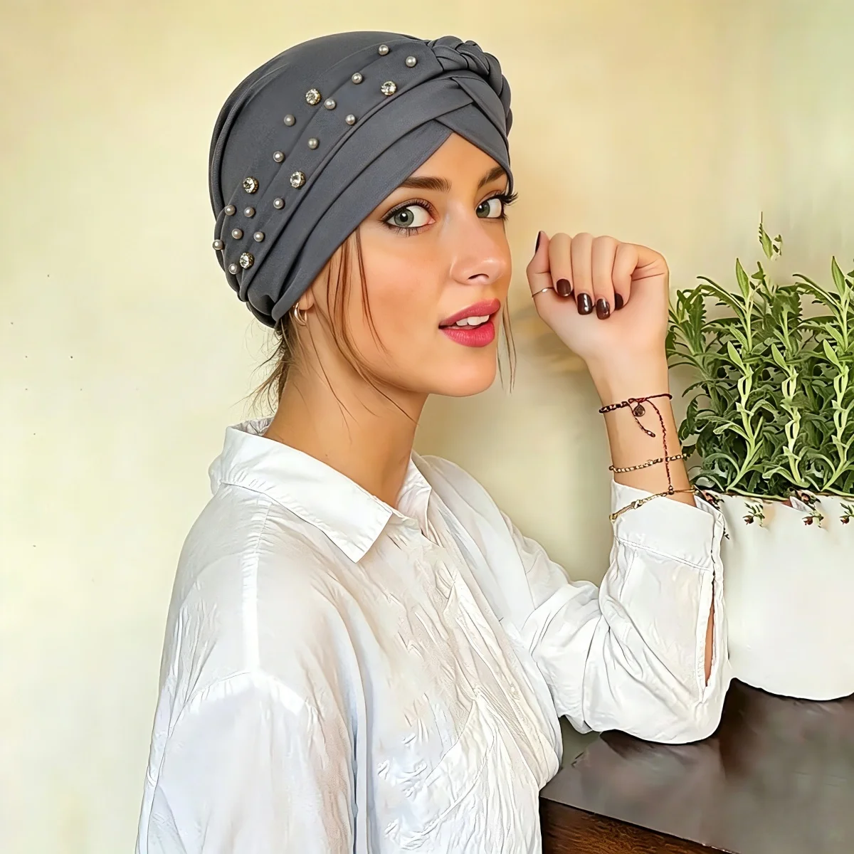 2026 New Women Lady Beads Muslim Braid Head Turban Wrap Cover Cancer Chemo Islamic Arab Cap Hat Hair Loss Bonnet Beanies Fashion
