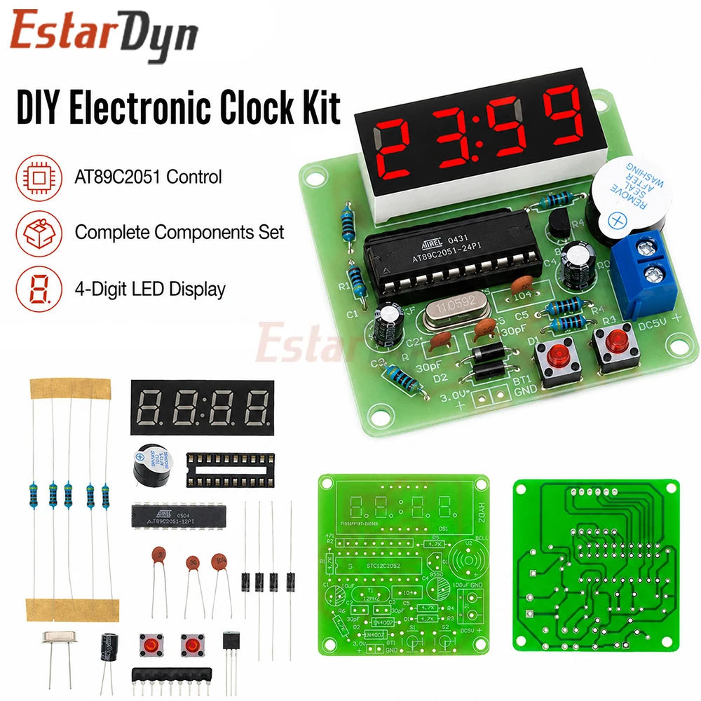 Kit de bricolage horloge électronique numérique LED 4 bits Estardyn AT89C2051 – Kit d'apprentissage et de pratique de soudure