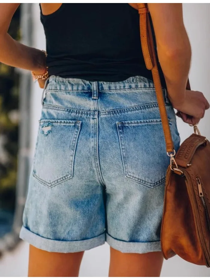 

Casual Street Style High Waist Jeans for Women Spring Autumn Loose Fit High Stretch Straight Leg Short Jeans with Cuffed Hem