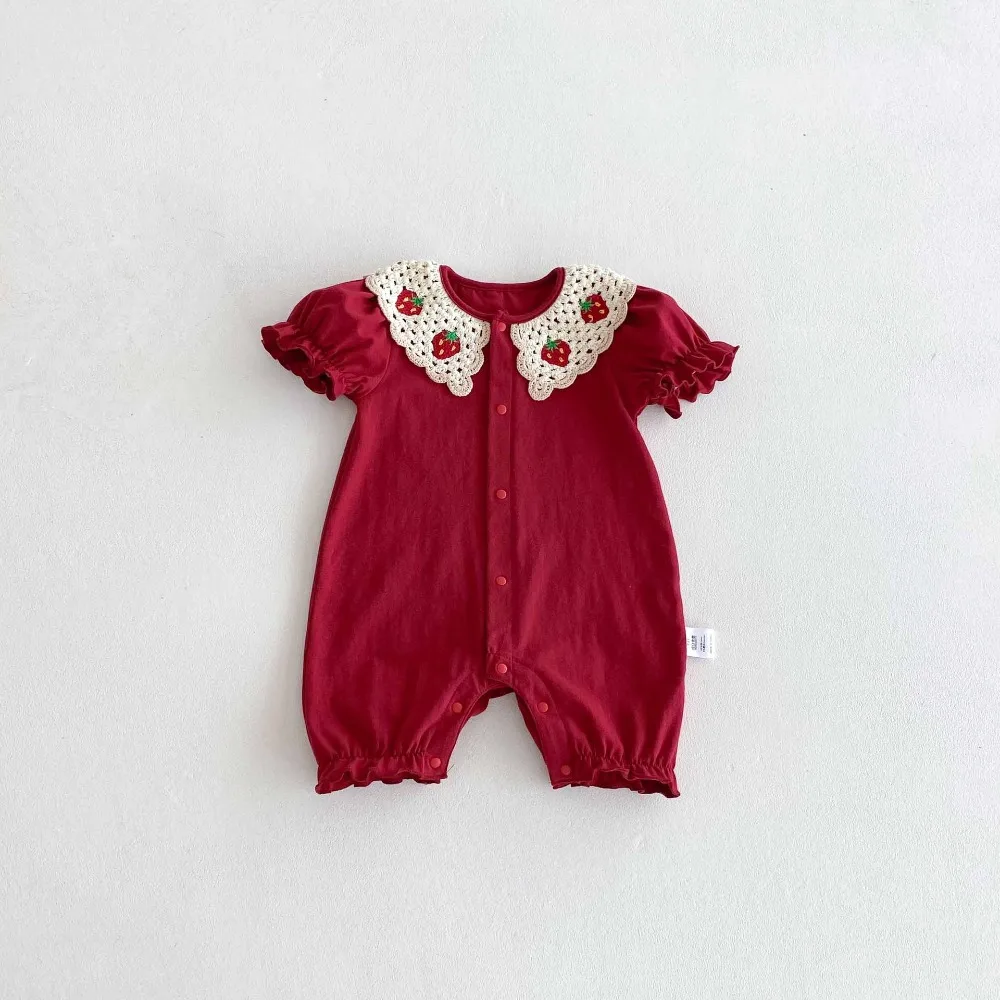 Cute Newborn Baby Girl Romper 0-2Years Princess Short Sleeve Strawberry Embroidery Collar Cotton Jumpsuit Outfits Summer Clothes