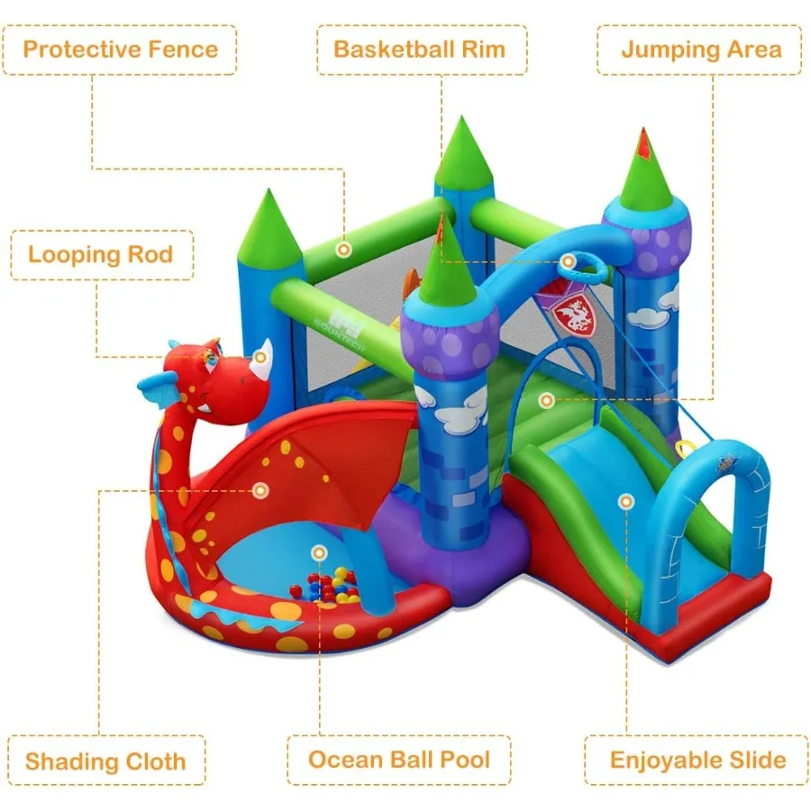 Casa inflable de rebote, casa hinchable de dragón para niños, fiesta interior al aire libre con zona de salto, llanta de baloncesto, castillo de salto para niños pequeños