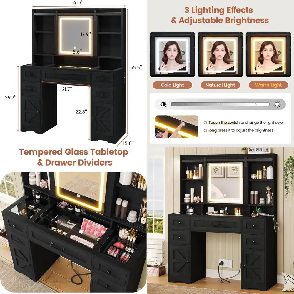 Vanité de maquillage éclairée de style ferme avec miroir coulissant et bureau à plateau en verre ave