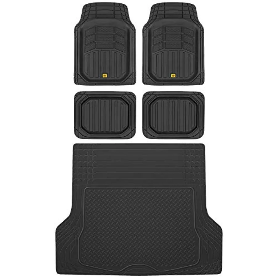 

Car floor mats for sedan SUV van: heavy duty all weather rubber, black, universal trim-to-fit front rear combo set with trunk c