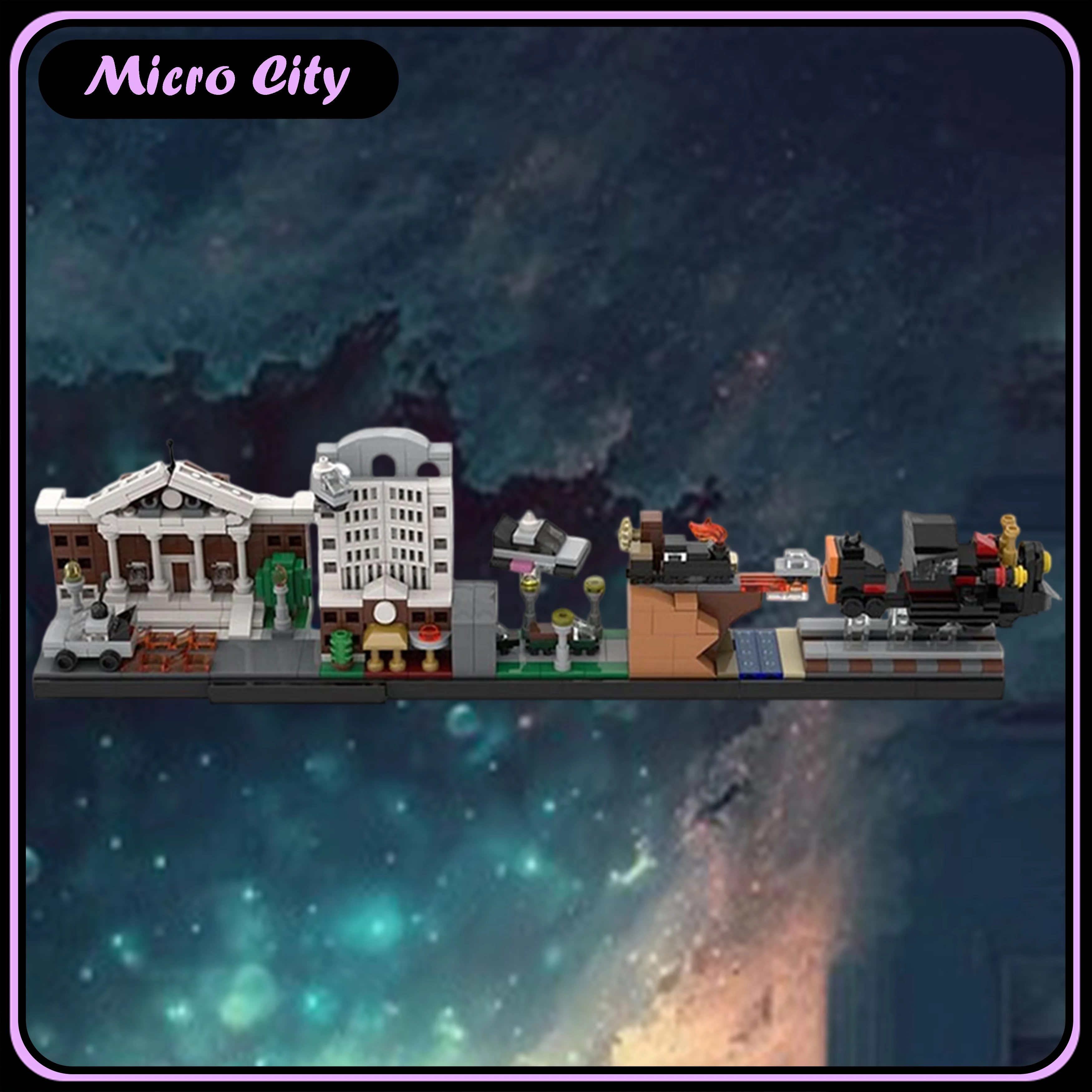 마이크로 MOC 시티 무비 씬 시리즈 타임 트래블 스카이라인 영감을 받은 건축 블록 모델 수집용 디스플레이 어린이 선물