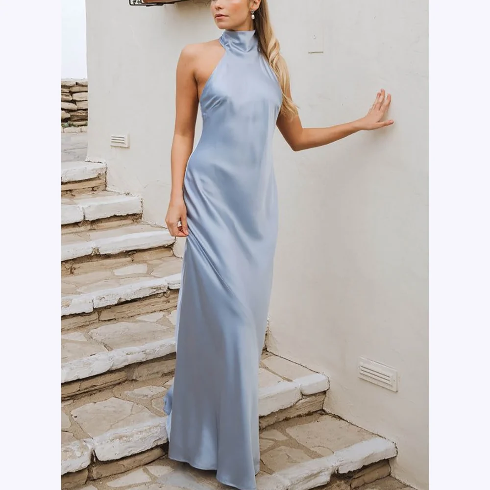 

Blue Satin Prom Dresses Strapless Chic Halter Sleeveless Floor Length Evening Dress Straight Backless Cocktail Party Gown