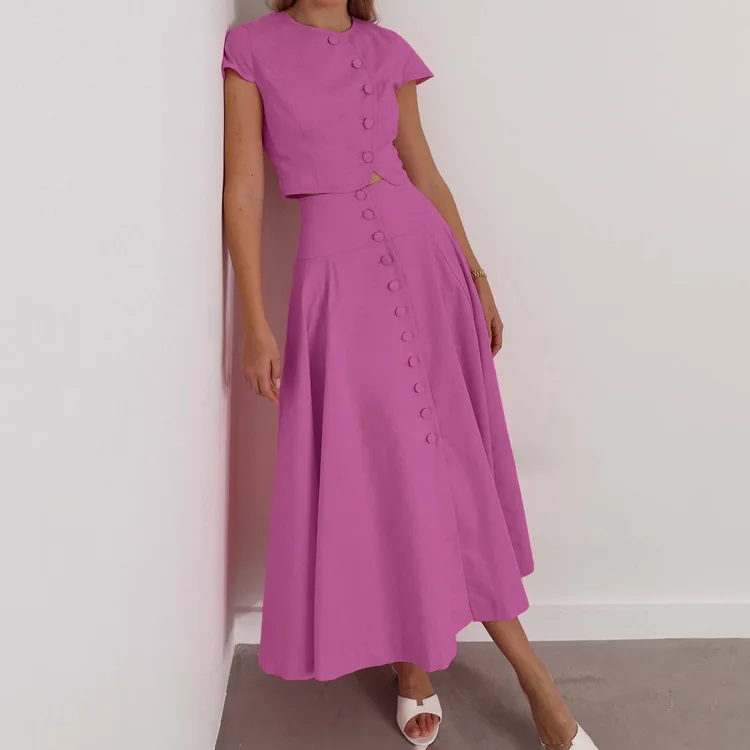 

Elegant Blue Cotton 2 Pieces Skirt Set For Woman Fashion O-Neck Short Sleeve Button Shirts+High Waist Mid-Calf Skirts Sets