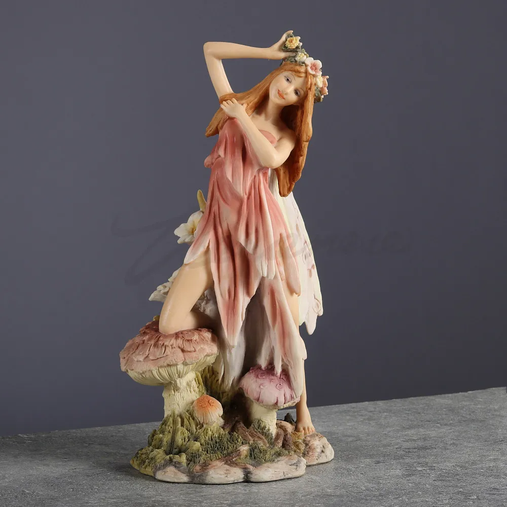 Mushroom Flower Fairy Resin Figurine Winged Elf Statue Forest Nymph Sculpture Garden Decoration Fantasy Desktop Ornament Gift