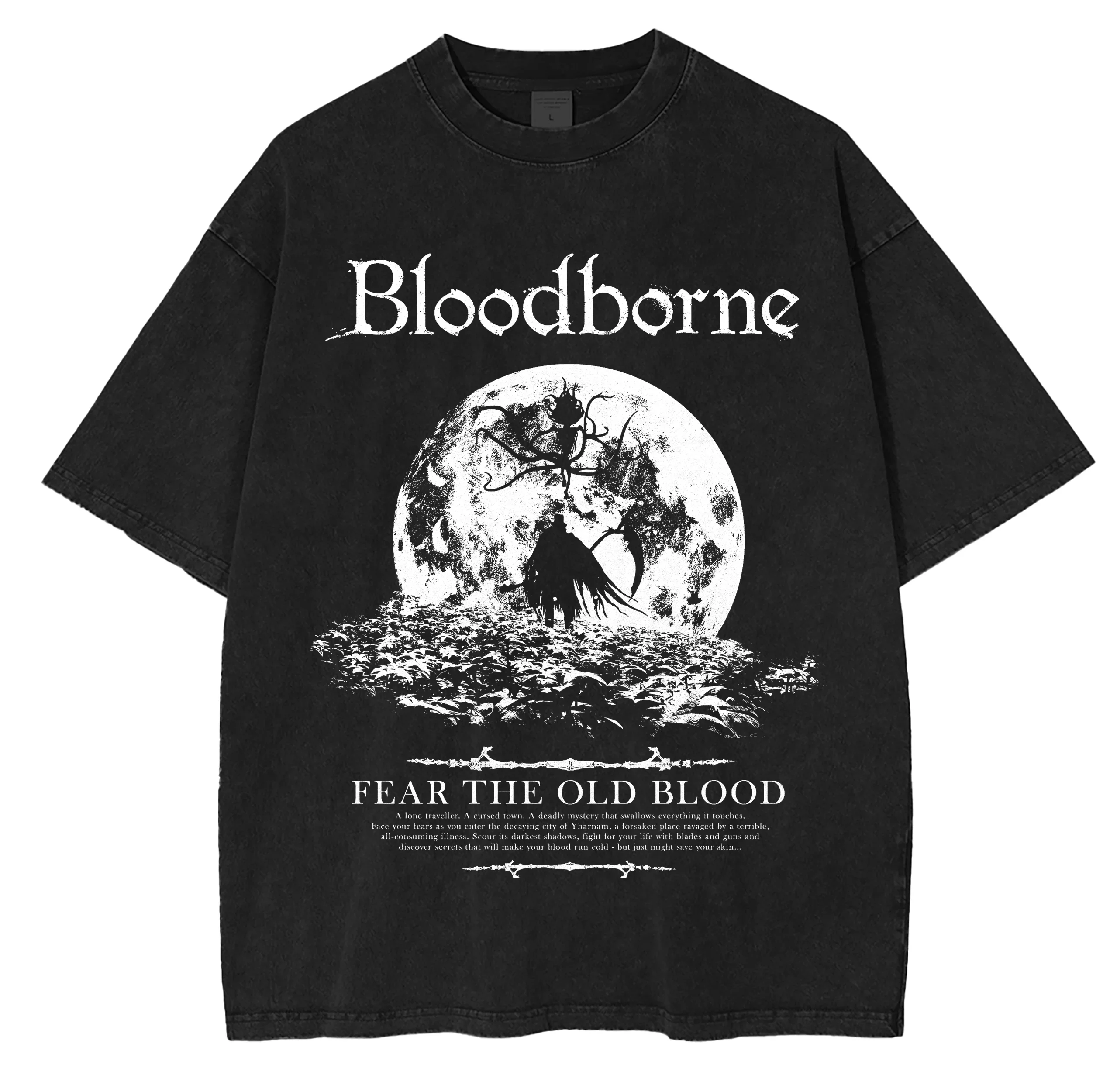 Camiseta Oversize Unisex Lavada Estilo Streetwear Bloodborne Ludwig The Accursed Holy Blade Grim Hunter and Lamp Messengers