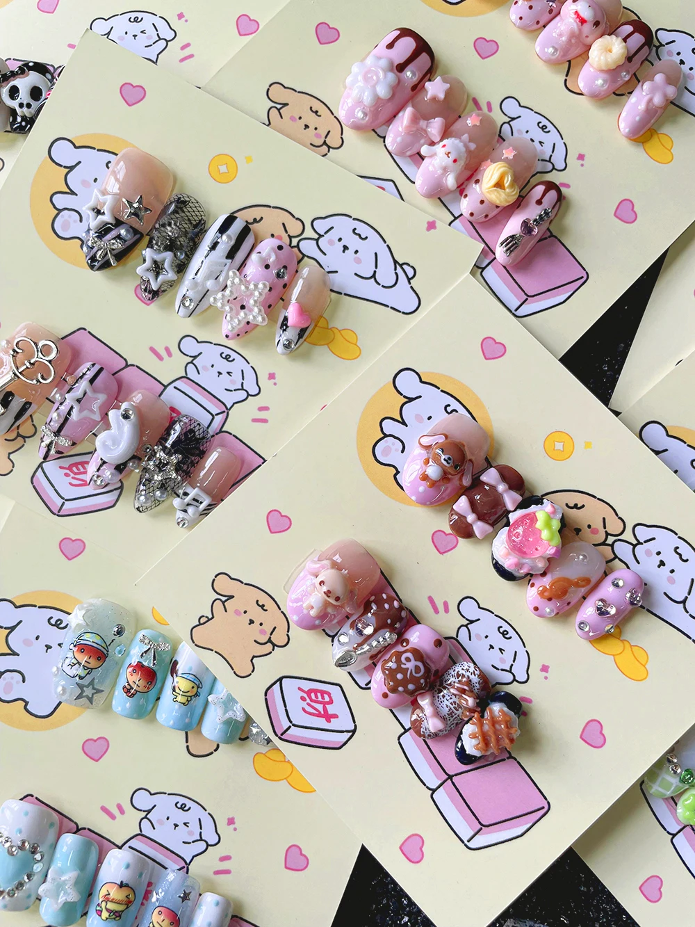 

10Pcs Cute Cartoon Y2K 3D Handmade Press On Nail Art Retro Polka Dot Design Winged Pearl Notes Full Coverage Fake Nails Sticker