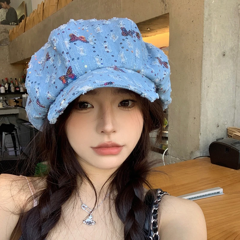 Y2k Butterfly Small Sequined Cloud Berets Caps for Women 2024 Spring and Summer Korean New Ins Niche Sweet Octagonal Hats