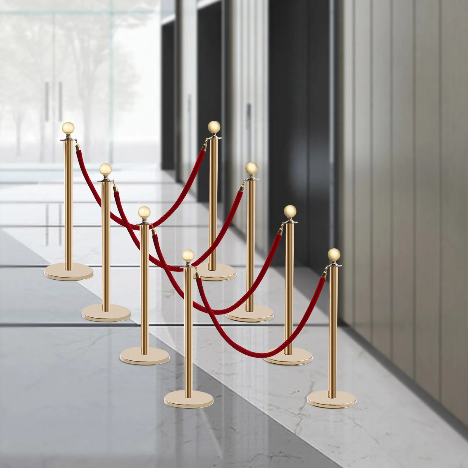Gold&Red 8-Piece Stanchions With Ropes(Flexible&Secure) - Four-Way Top Connection&Customizable Layout, Rope End Buckles