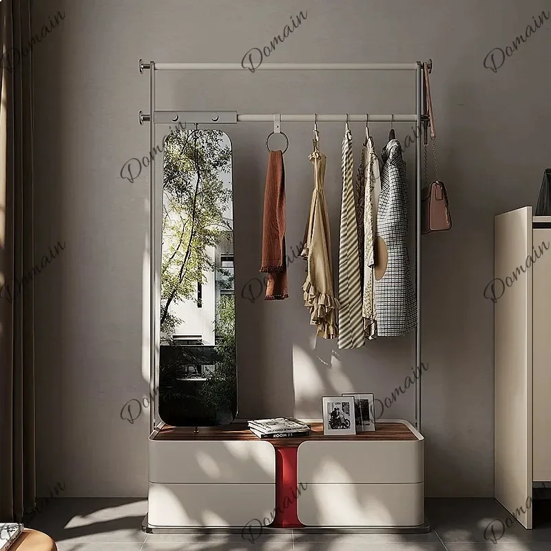 SF Modern Luxury Floor Coat Rack with Full Length Mirror, Walnut Storage Cabinet for Bedroom Villa