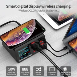 Intelligent LED Display Wireless Charger Dock QC 3.0 Fast Charging 8 Ports PD USB Chargers Desktop Adapter for iPhone and Tablet