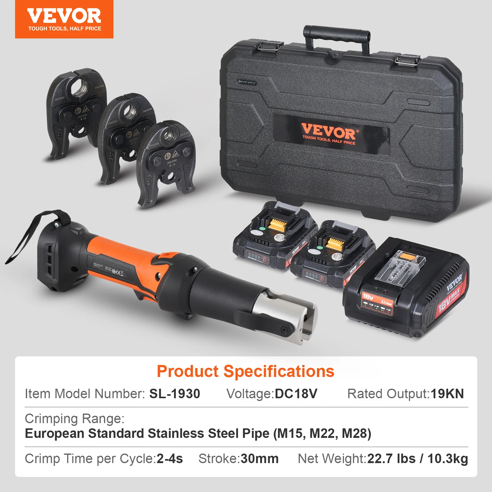 SucceBuy Pro Press Tool Elektrische Pijp Krimptang met M15 M22 M28 Kaken Press Tool met 2 stuks 20V 2.0Ah Batterij Draagtas