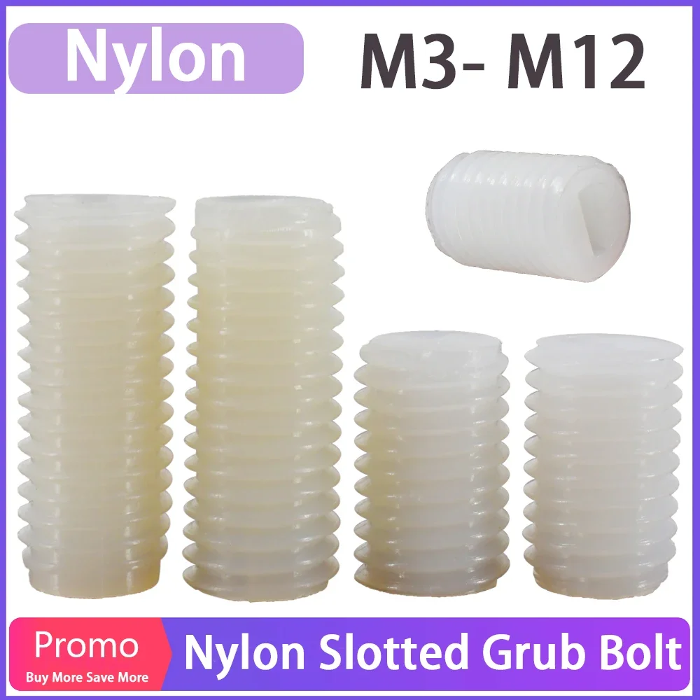 나일론 슬롯형 세트 그럽 볼트 흰색 M3 M4 M5 M6 M8 M10 M12 절연 슬롯형 플랫 포인트 엔드 헤드 없음 헤드리스 그럽 볼트 고정 나사