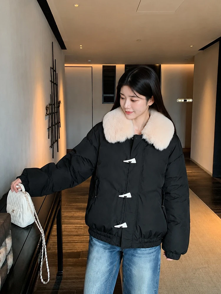 Winter Detachable Fur Collar Down Jacket Women White Duck Down Horn Button Parker Outwears Female Warm Thick Zipper Down Jacket