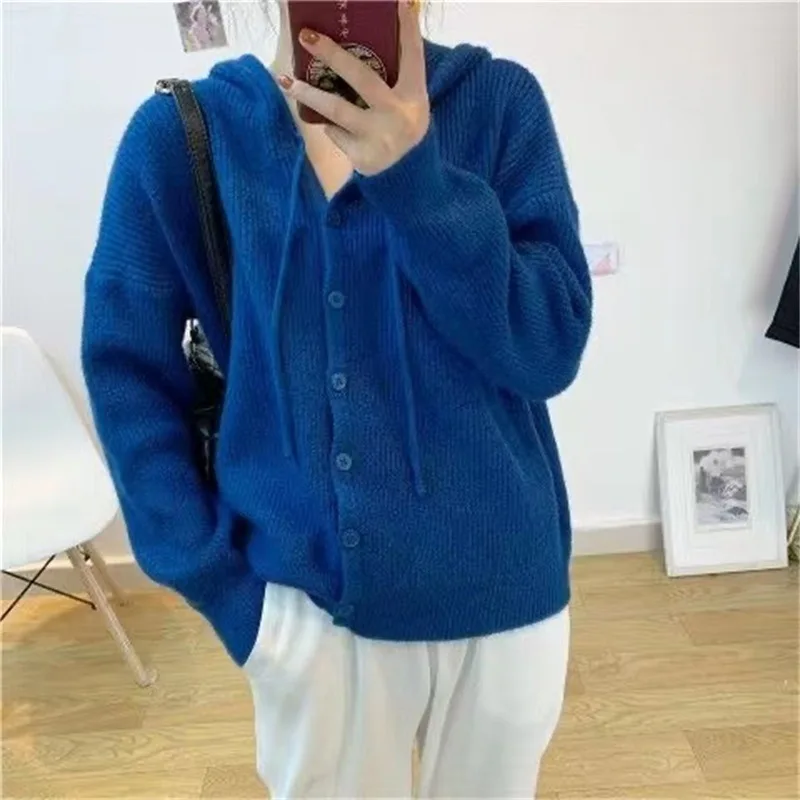 Women\'s Long Sleeve Hooded Knitted Cardigan Korean Fashion Knitwear Sweaters Casual Coat Solid Tops Autumn Winter Clothes 2023