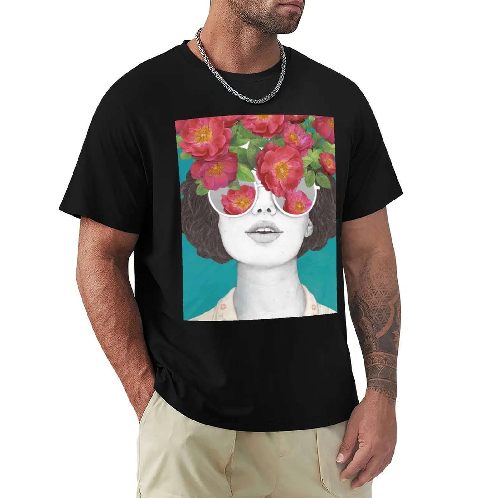 T-shirt décontracté de couleur unie avec motif « optimiste » ou « lunettes teintées rose »