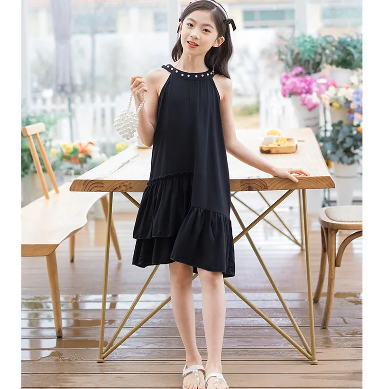 Girls Black Sleeveless Dress Summer Ruffles Patchwork Girl Clothes Dresses Casual Children Clothing 6 7 8 9 10 11 12 13 14 Years