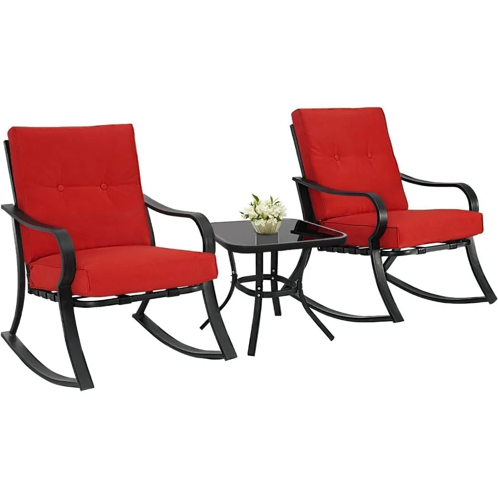 Outdoor Furniture 3 Piece Conversation Bistro Set Rocking Chairs and Glass Top Table, Thick Cushions, Black Steel (Red)