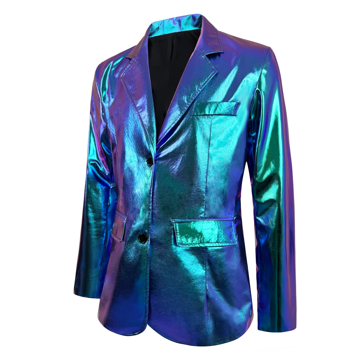 Men's Holographic Iridescent 2 Piece Suit, Shiny Metallic Blazer & Pants Set, Slim Fit Disco Party Stage Costume for DJ Club Pro