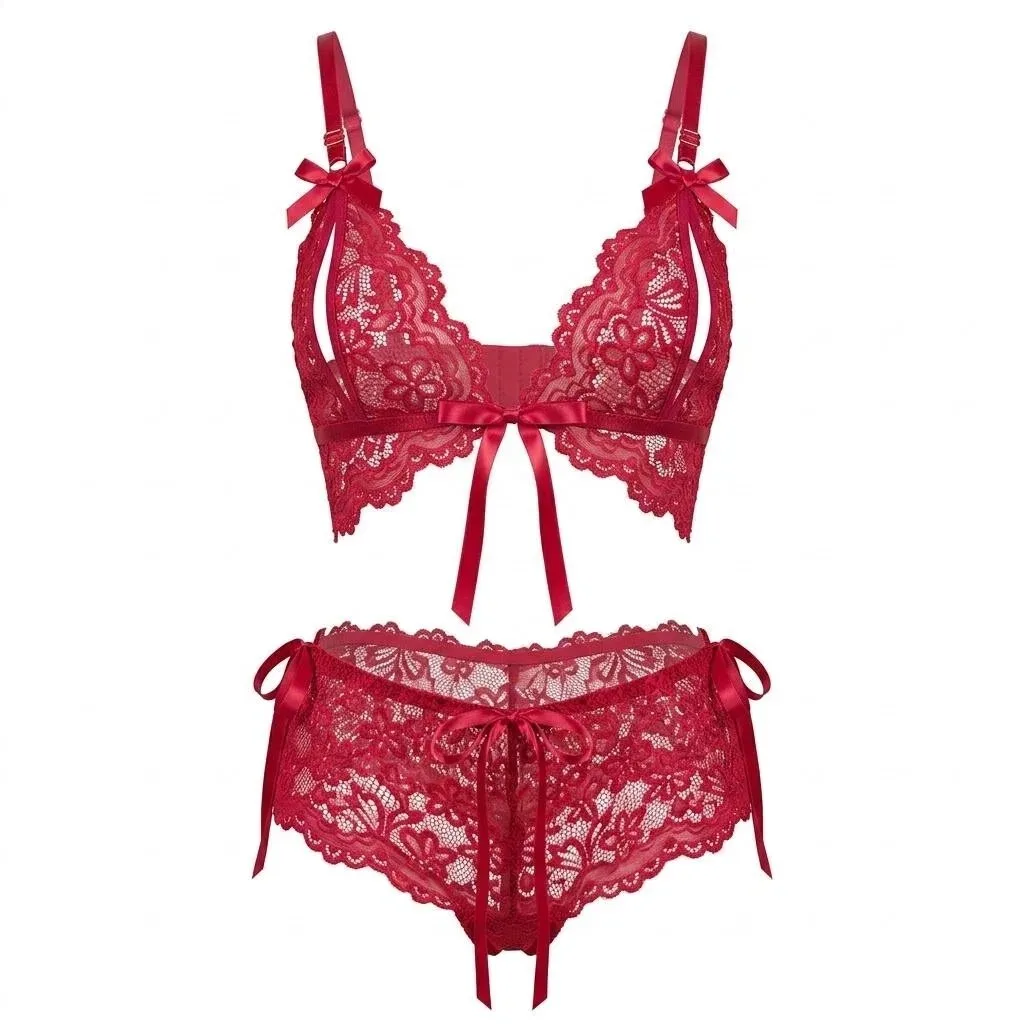 Sexy Red Lace Lingerie Set, 2 Piece Spaghetti Strap Bra and Panty Set with Bow Detail, Seductive Nightwear for Women