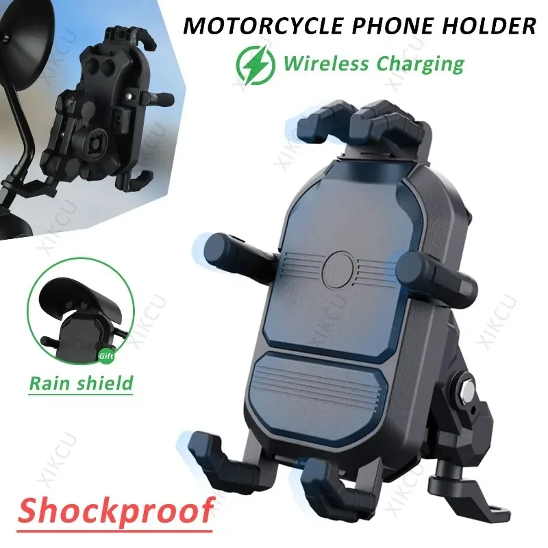 15W Universal Motorcycle/Bike Phone Holder Fast Wireless Charger, with Vibration Dampener, Security Lock Sun Cap For Smartphones