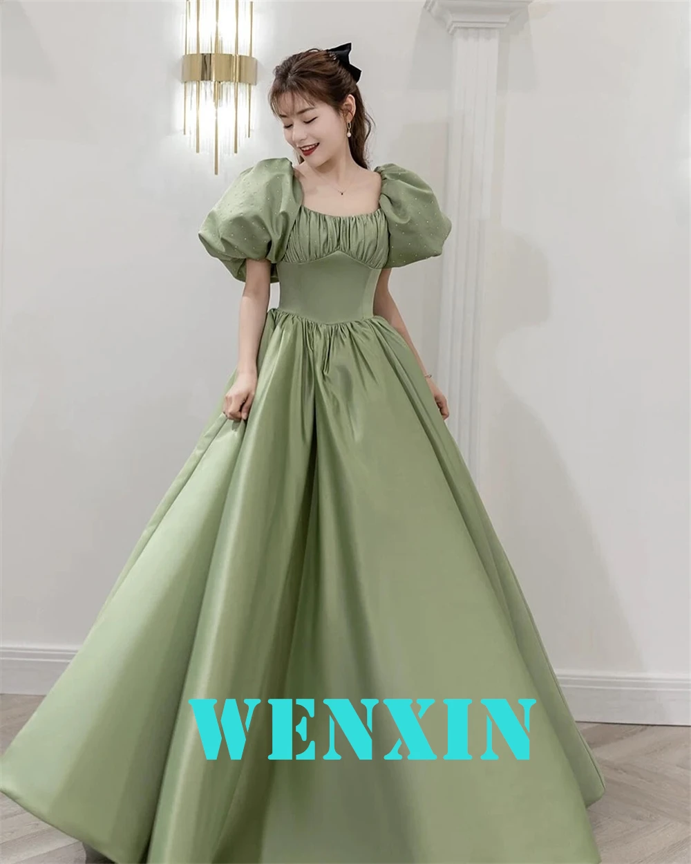 Robe De soirée en Satin vert scintillant, personnalisée, moderne, col carré, manches courtes, robes De retour, à la mode