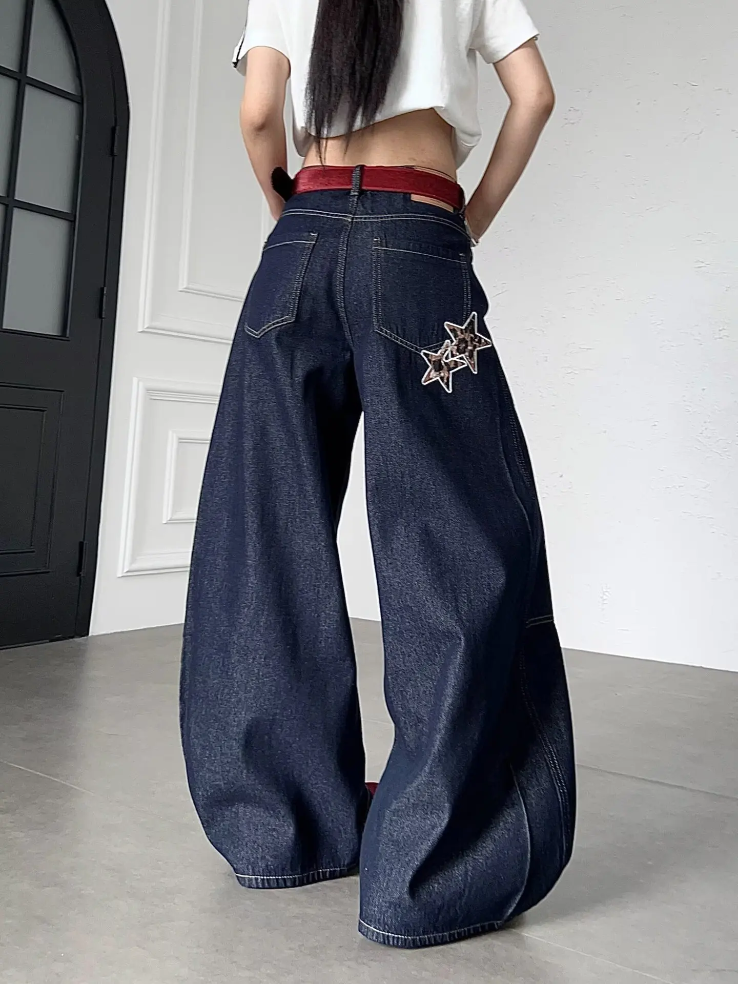 American-Style Trendy Washed  Star Leopard Print Patchwork Curved Cut Jeans For Men Women, Loose And Slimming Wide-Leg