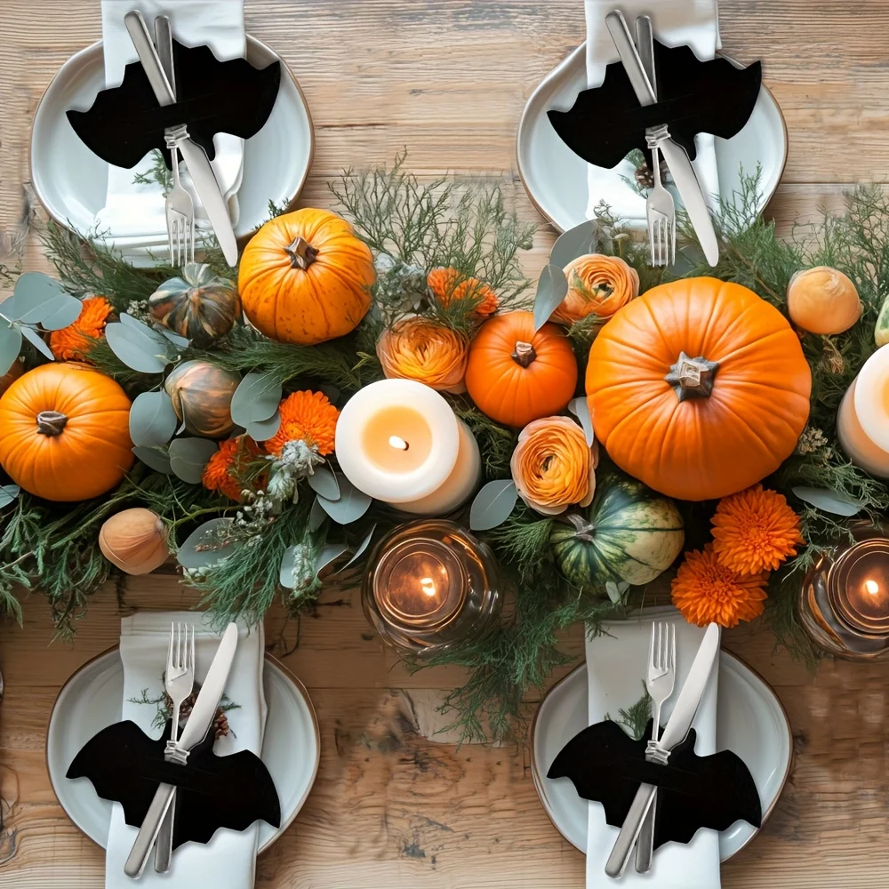 Halloween Black Bat Placemats, Knife and Fork Holders, Candy Clips, Suitable for Various Occasions Including Home, Kitchen,Hotel