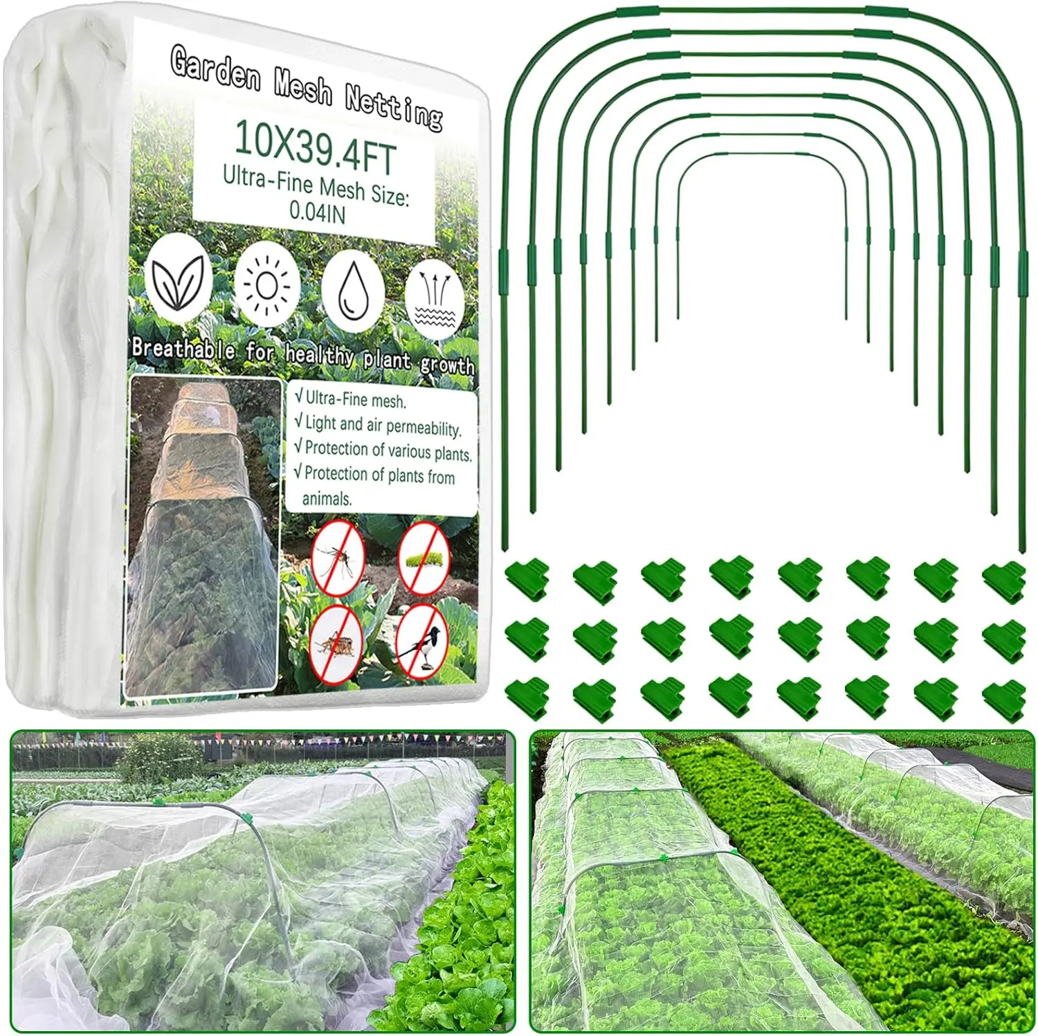 

8Pcs Garden Mesh Netting Kit - 10X39.4Ft,Plant Cover Ultra Fine Mesh Netting With Garden Hoops & 24 Clips,Greenhouse Hoops