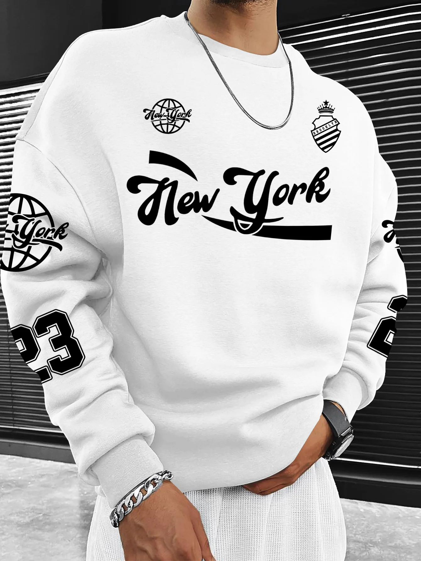 USA New York Style 23 Print Oversized Crewneck Sweatshirt Men's Vintage Streetwear Jersey Pullover，S-XXL