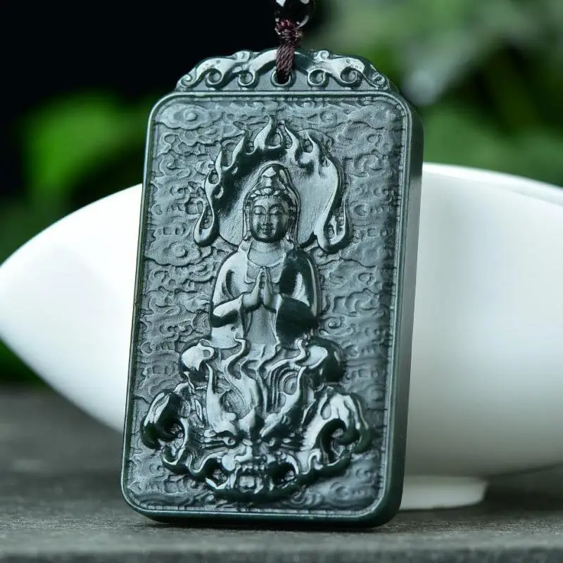 Natural Green Jade Guanyin Dragon Pendant Beaded Necklace Hetian Jades Nephrite Buddhist Amulet Feng Shui Charm Sweater Chain