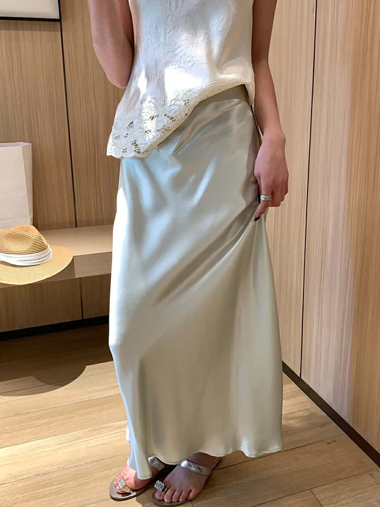 

Летняя винтажная юбка А-силуэта с высокой талией, гладкая, стройнящая, женская, удлиненная, однотонная, в стиле ретро, простая, шелковистая, длинная юбка