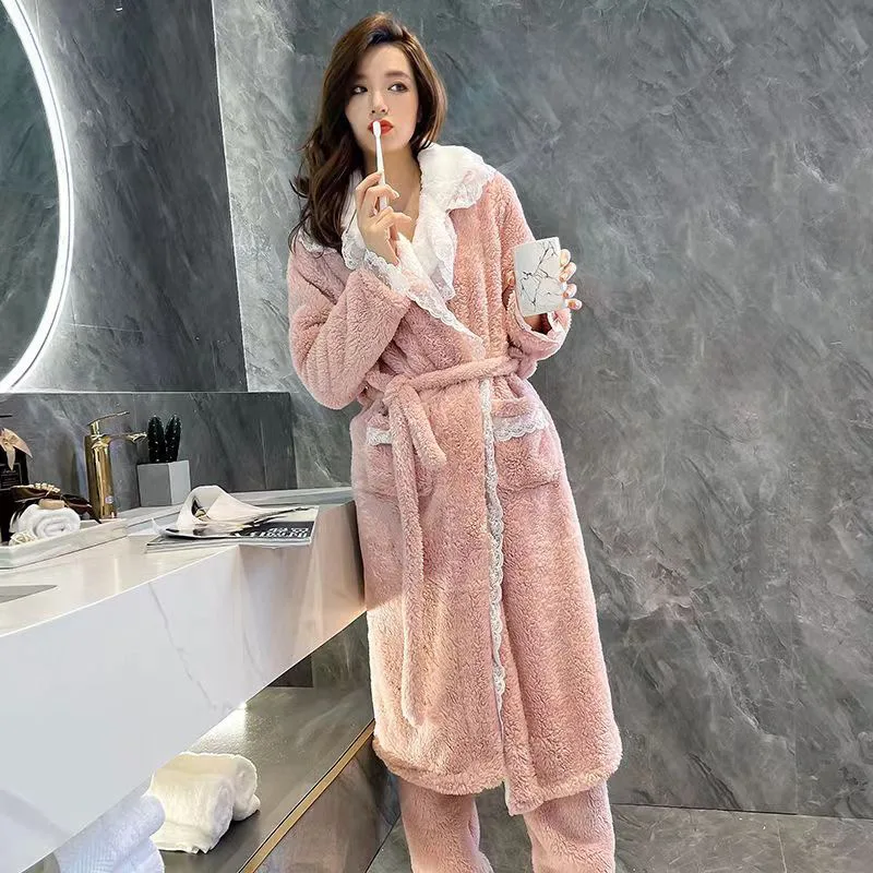 

Winter New Warm Coral Fleece Robe Loose Home Dress Loungewear Female Sleepwear Thickened Flannel Kimono Bathrobe Gown Nightwear