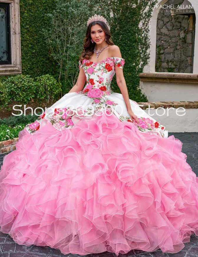 Мексиканские цветочные платья Charro с оборками для Quinceanera с большим бантом с открытыми плечами оборками на шнуровке корсет vestido de 15 quinceañera